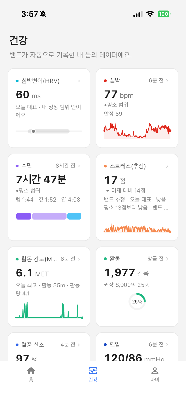 건강 지표 — HRV·심박·수면·스트레스·활동 자동 기록